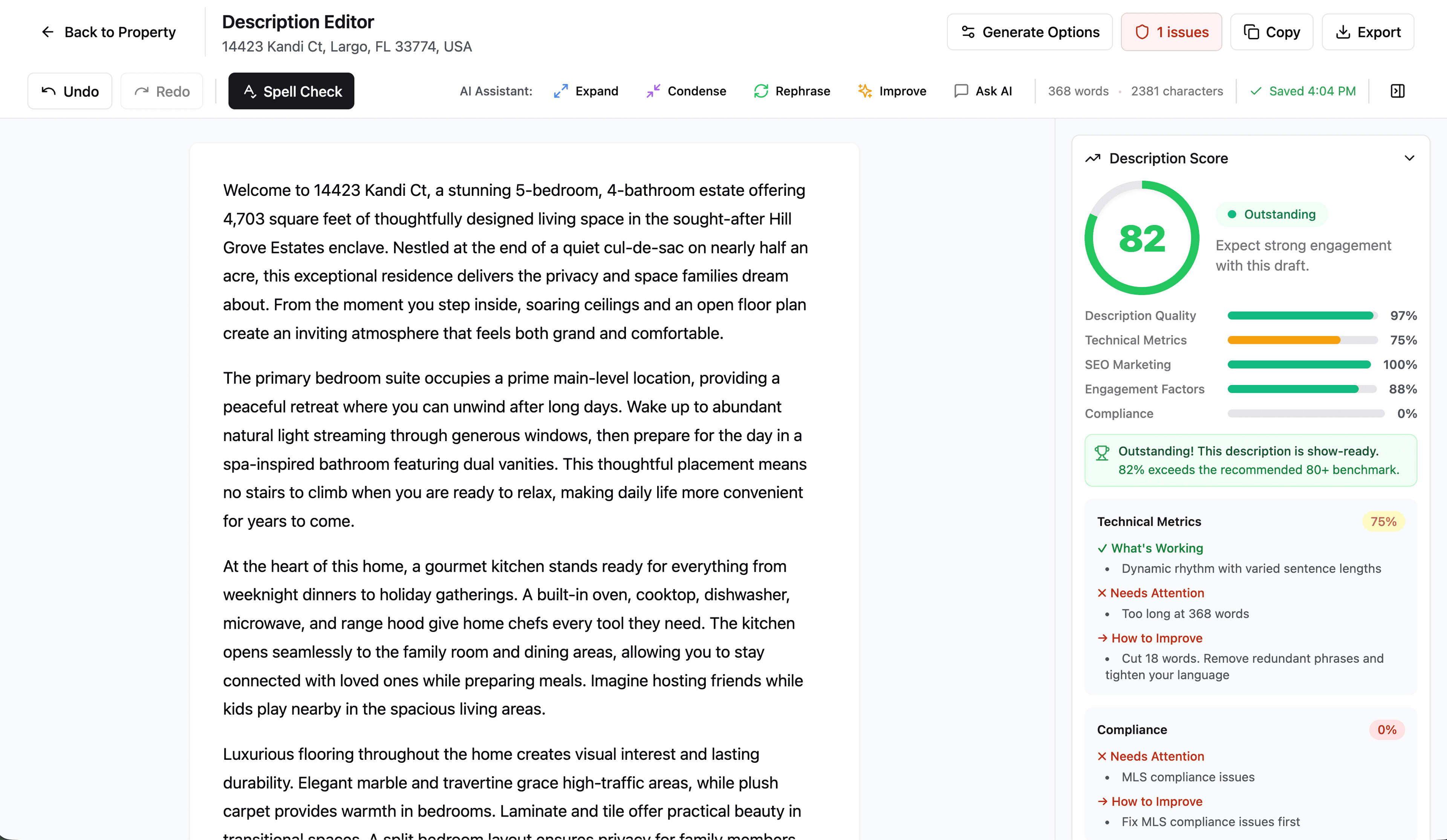 PerfectListing AI Property Description Editor showing a generated listing with quality scoring